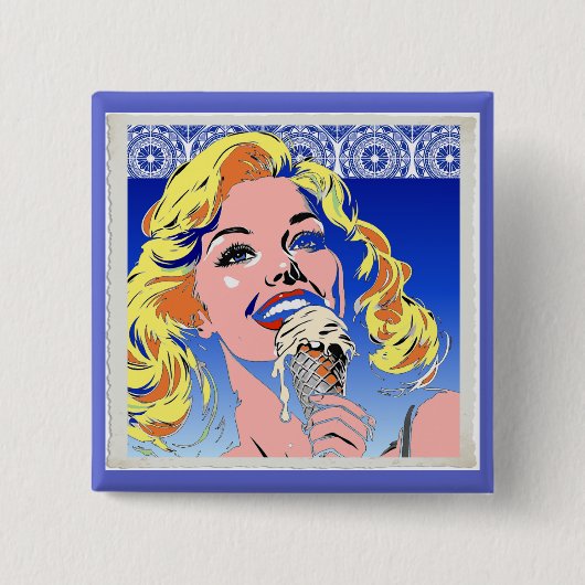 Blondine isst Eis im farbenfrohen Pop-Art-Stil der Button (Vorderseite)