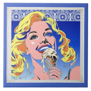 Blondine isst Eis im farbenfrohen Pop-Art-Stil der Fliese