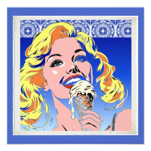 Blondine isst Eis im farbenfrohen Pop-Art-Stil der Fotodruck