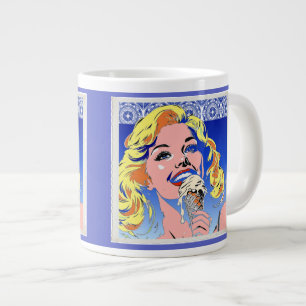 Blondine isst Eis im farbenfrohen Pop-Art-Stil der Jumbo-Tasse