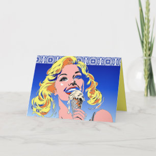 Blondine isst Eis im farbenfrohen Pop-Art-Stil der Karte