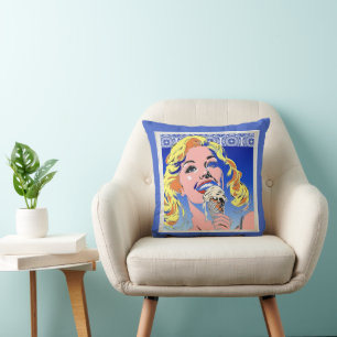 Blondine isst Eis im farbenfrohen Pop-Art-Stil der Kissen