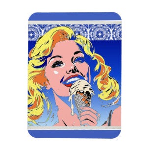 Blondine isst Eis im farbenfrohen Pop-Art-Stil der Magnet