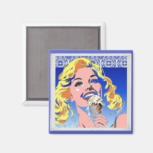 Blondine isst Eis im farbenfrohen Pop-Art-Stil der Magnet