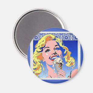 Blondine isst Eis im farbenfrohen Pop-Art-Stil der Magnet