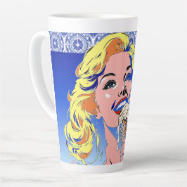 Blondine isst Eis im farbenfrohen Pop-Art-Stil der Milchtasse
