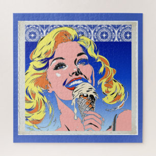Blondine isst Eis im farbenfrohen Pop-Art-Stil der Puzzle