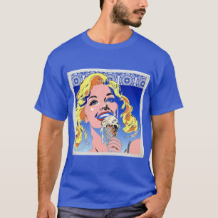 Blondine isst Eis im farbenfrohen Pop-Art-Stil der T-Shirt