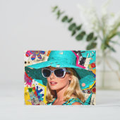 Blondine mit blauem Hut Postkarte (Stehend Vorderseite)