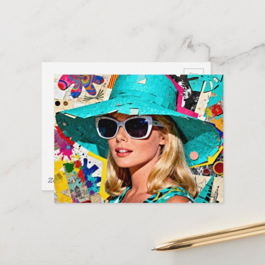 Blondine mit blauem Hut Postkarte (Vorderseite/Rückseite Beispiel)