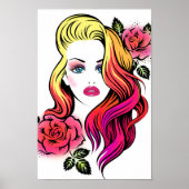 Blondine mit Rose und Regenbogenhaaren Poster (Vorne)