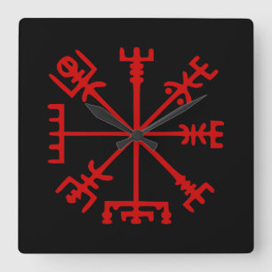 Blood Red Vegvísir (Viking Compass) Quadratische Wanduhr