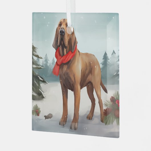 Bloodhound Hund im Schnee Weihnachten Ornament Aus Glas (Vorderseite links)