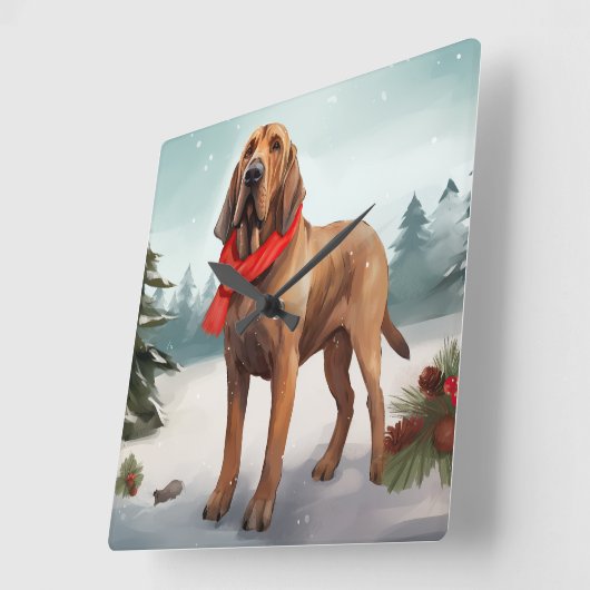 Bloodhound Hund im Schnee Weihnachten Quadratische Wanduhr (Winkel)