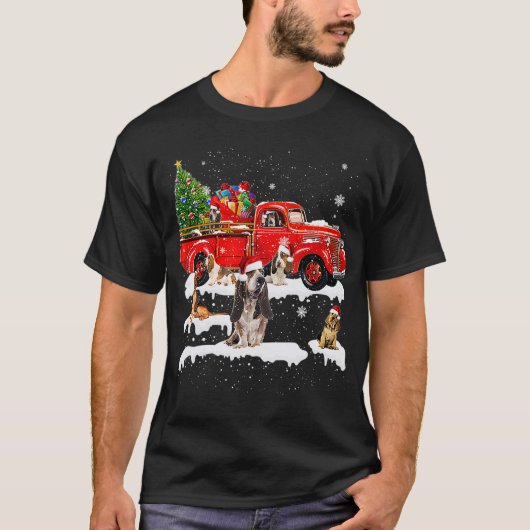 Bloodhound Riding Red Truck Xmas Frohe Weihnachten T-Shirt (Vorderseite)