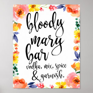 Bloody Mary Bar Floral Wasserfarbe 8x10 Zeichen Poster
