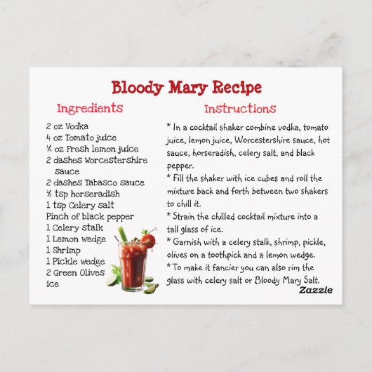 Bloody Mary Recipe Card Postkarte (Rückseite)