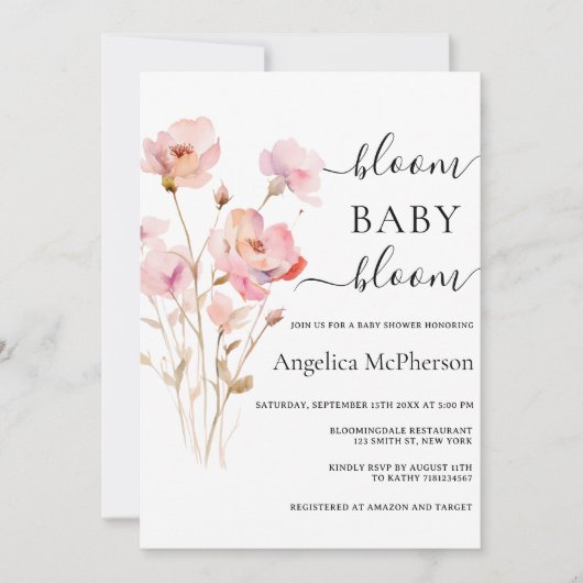 BLOOM BABY BLOOM PINK BLUSWASSERFARBE WILDBLUMEN EINLADUNG (Vorderseite)