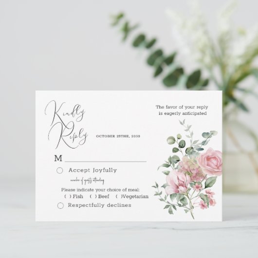 Bloom Blush Peony Wedding RSVP Card (Stehend Vorderseite)