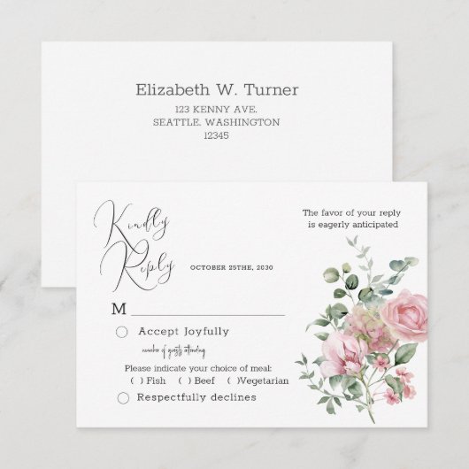 Bloom Blush Peony Wedding RSVP Card (Vorne/Hinten)