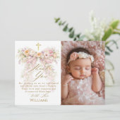 Bloom Floral Bow Girl Baptism Dankeskarte (Stehend Vorderseite)