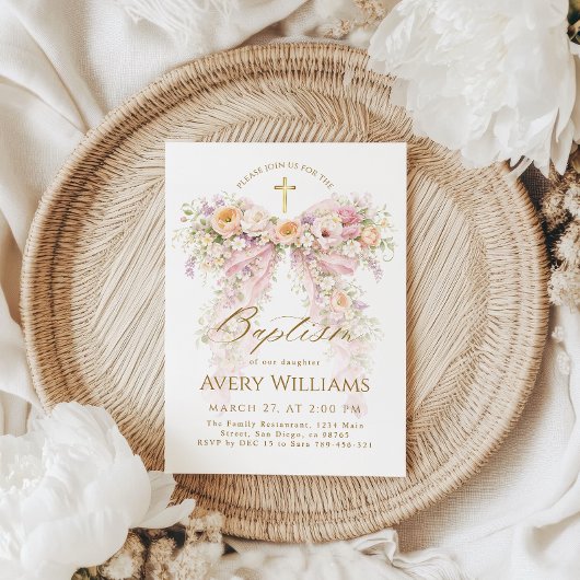 Bloom Floral Bow Girl Baptism Einladung