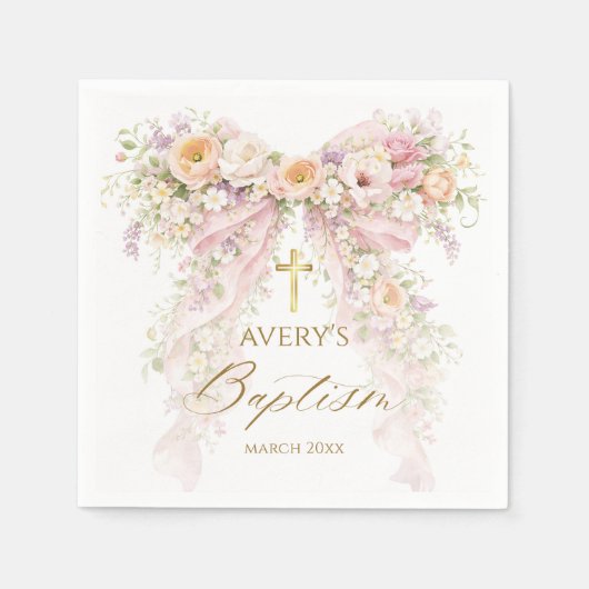 Bloom Floral Bow Girl Baptism Serviette (Vorderseite)