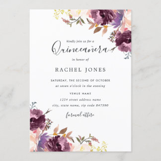 Bloom Floral Lila Watercolor Quinceanera Einladung