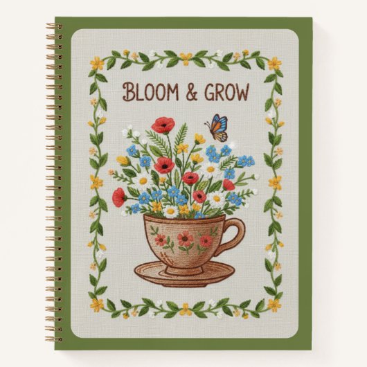 Bloom & Grow Embroidered Teacup Floral Journal Notizblock (Vorderseite)