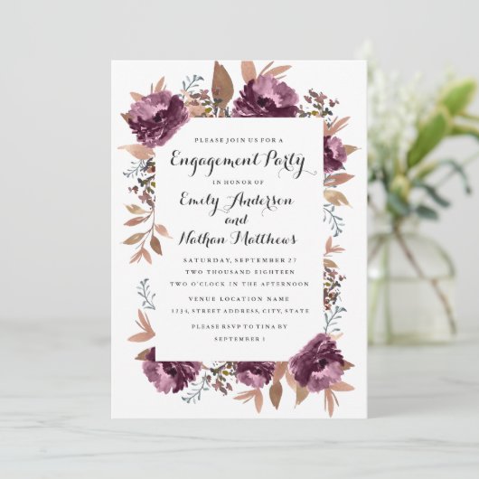Bloom Lila Watercolor Engagement Party einladen Einladung (Stehend Vorderseite)