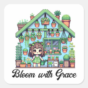 Bloom mit Grace   Kawaii Girl mit Pflanze Quadratischer Aufkleber