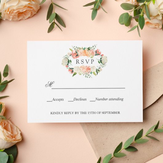 Bloom Peach Pink Botanical WEDD RSVP Karte