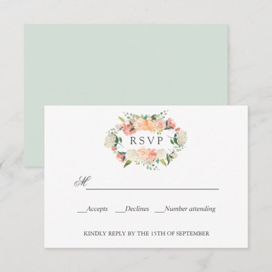 Bloom Peach Pink Botanical WEDD RSVP Karte (Vorne/Hinten)