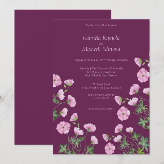 Bloom Simple Watercolor Geranium Wedding Einladung (Vorne/Hinten)