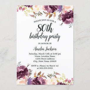 Bloom Watercolor Lila Floral 80. Geburtstagsparty Einladung