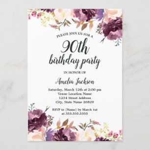 Bloom Watercolor Lila Floral 90. Geburtstagsparty Einladung