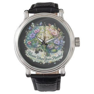 Bloom Where You’re Planted Floral Brain Watercolor Armbanduhr