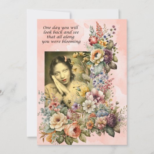 "Blooming all Along" Zitat hübsche Mädchen und Blu Dankeskarte (Vorderseite)