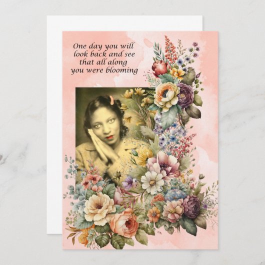 "Blooming all Along" Zitat hübsche Mädchen und Blu Dankeskarte (Vorne/Hinten)