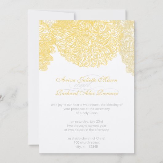 Blooming Dahlia Yellow Iris Wedding Einladung (Vorderseite)