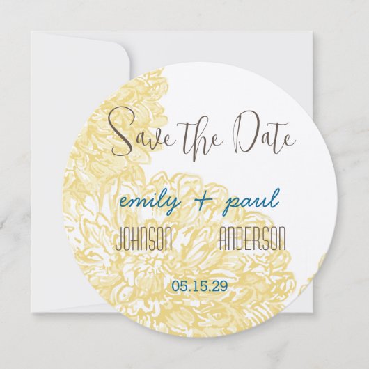 Blooming Dahlia Yellow Iris Wedding Save The Date (Vorderseite)
