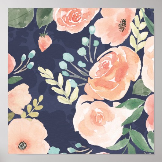 Blooming Delight | Peach & Blue Roses & Poppies Poster (Vorne)