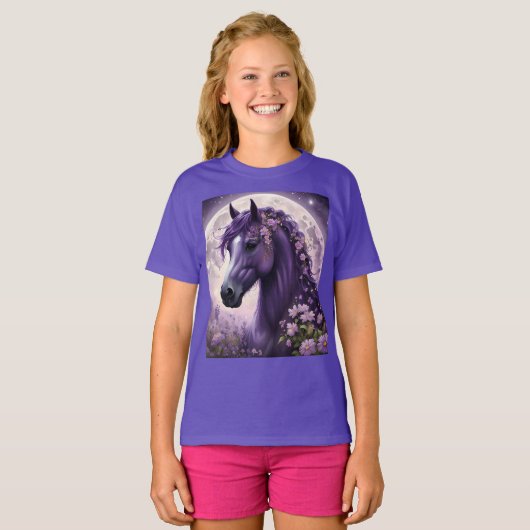 "Blooming Dreams: The Lila Floral Fantasy Horses" T-Shirt (Vorne ganz)