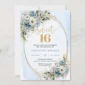 Blooming Dusty Blue Floral Sweet Sixteen Birthday Einladung (Vorderseite)