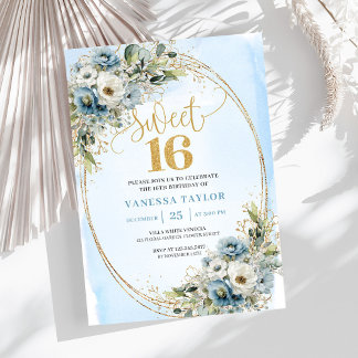 Blooming Dusty Blue Floral Sweet Sixteen Birthday  Einladung