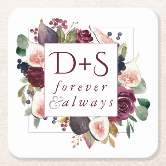 Blooming Figs | Moody Rustic Monogram Wreath Rechteckiger Pappuntersetzer (Vorderseite)