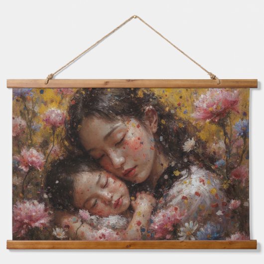 Blooming Hug – Mother & Child Floral Tapestry Wandteppich Mit Holzrahmen (Vorne)