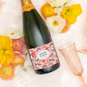 Blooming Joy Bold bright floral Maximalist Wedding Weinetikett