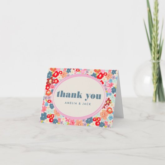 Blooming Joy Bright Floral Maximalist Wedding Dankeskarte (Vorderseite)