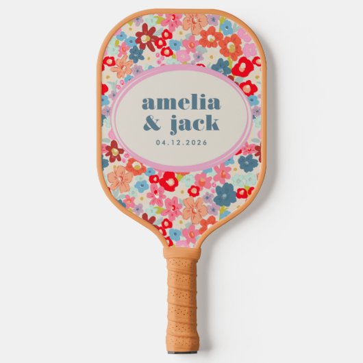 Blooming Joy Bright Floral Maximalist Wedding Pickleball Schläger (Vorderseite)